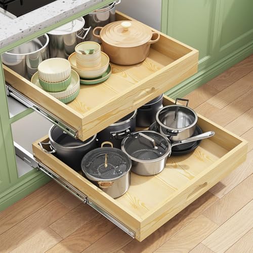 Kitstorack Pull Out Cabinet Organizer, Soft Close Wooden Slide Out Drawers for Pots and Pans, Full-extension Roll Out Shelves for Kitchen Cabinets, Pantry Organization, Bottom & Side Mount( 21"W X 21"D x 3.4''H) - Image 1