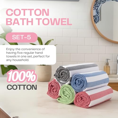 Värde Cotton Premium Multicolour Handloom Towels for Bath | 180 GSM | Bath Towel | Towel for Men & Women | Size 30 x 60 Inches | Striped & Solid Pattern (Black, Blue, Red, Green & Pink, Set of 5) - Image 2