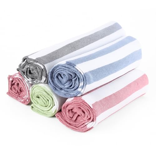 Värde Cotton Premium Multicolour Handloom Towels for Bath | 180 GSM | Bath Towel | Towel for Men & Women | Size 30 x 60 Inches | Striped & Solid Pattern (Black, Blue, Red, Green & Pink, Set of 5) - Image 1