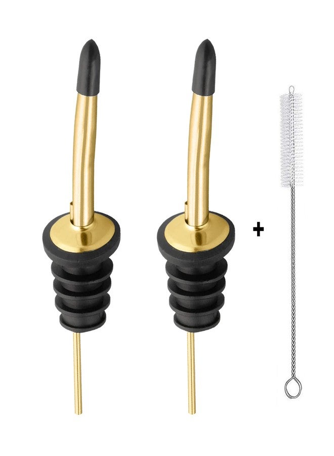 WAFJAMF 2 Pcs Liquor Pour Spouts, Stainless Steel Liquor Bottle Pourers with Rubber Dust Caps and Cleaning Brush,for Pours Liquid, Olive Oil, Wine(Gold) - Image 1