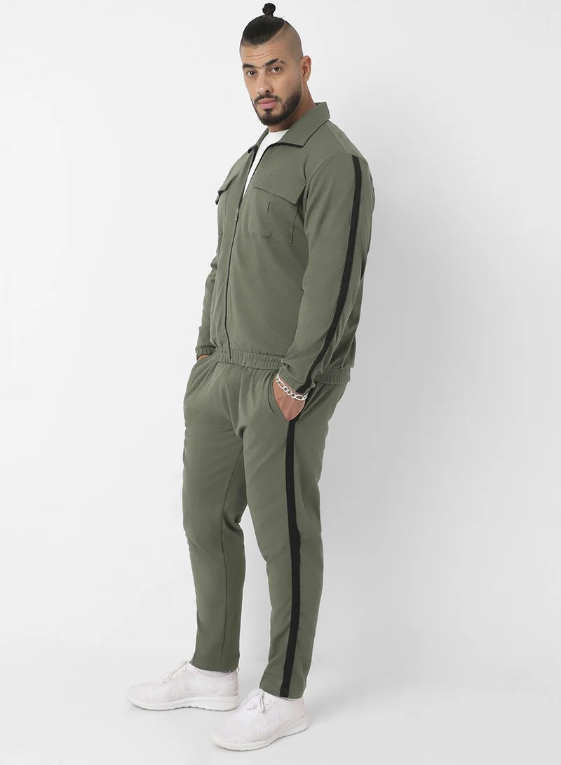 Instafab Plus Instafab Plus Men's Olive Green Zip-Front Tracksuit Set With Flap Pocket For Casual Wear | Point Collar | Long Sleeve | Zipper Closure | Tracksuit Set Crafted With Comfort Fit For Everyday Wear