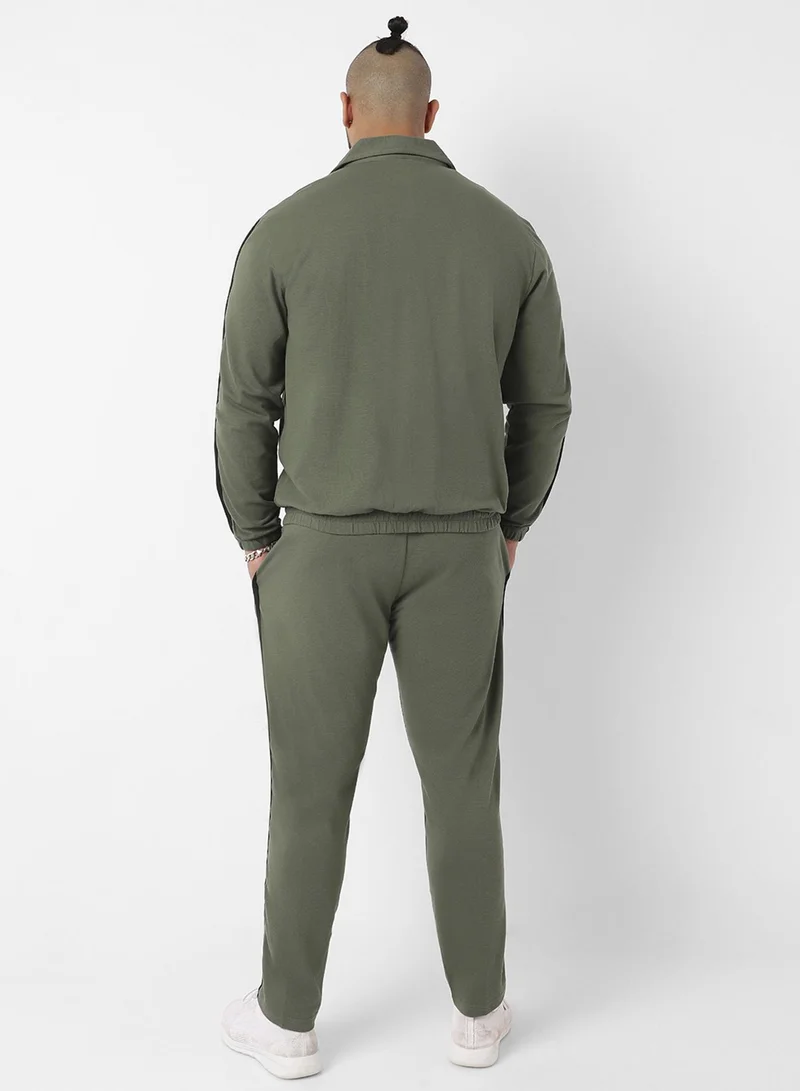 Instafab Plus Instafab Plus Men's Olive Green Zip-Front Tracksuit Set With Flap Pocket For Casual Wear | Point Collar | Long Sleeve | Zipper Closure | Tracksuit Set Crafted With Comfort Fit For Everyday Wear