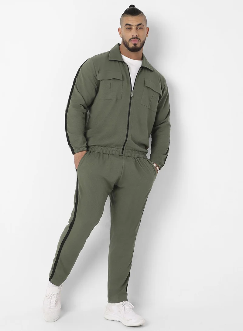 Instafab Plus Instafab Plus Men's Olive Green Zip-Front Tracksuit Set With Flap Pocket For Casual Wear | Point Collar | Long Sleeve | Zipper Closure | Tracksuit Set Crafted With Comfort Fit For Everyday Wear