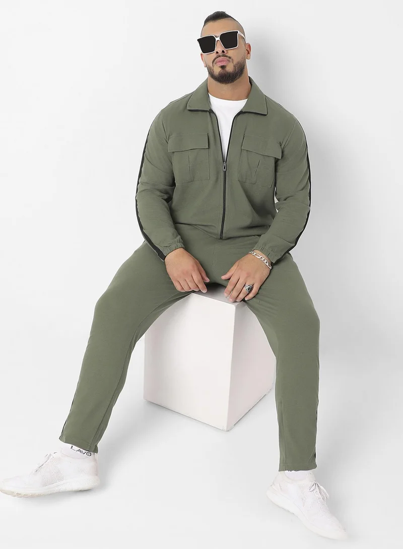 Instafab Plus Instafab Plus Men's Olive Green Zip-Front Tracksuit Set With Flap Pocket For Casual Wear | Point Collar | Long Sleeve | Zipper Closure | Tracksuit Set Crafted With Comfort Fit For Everyday Wear
