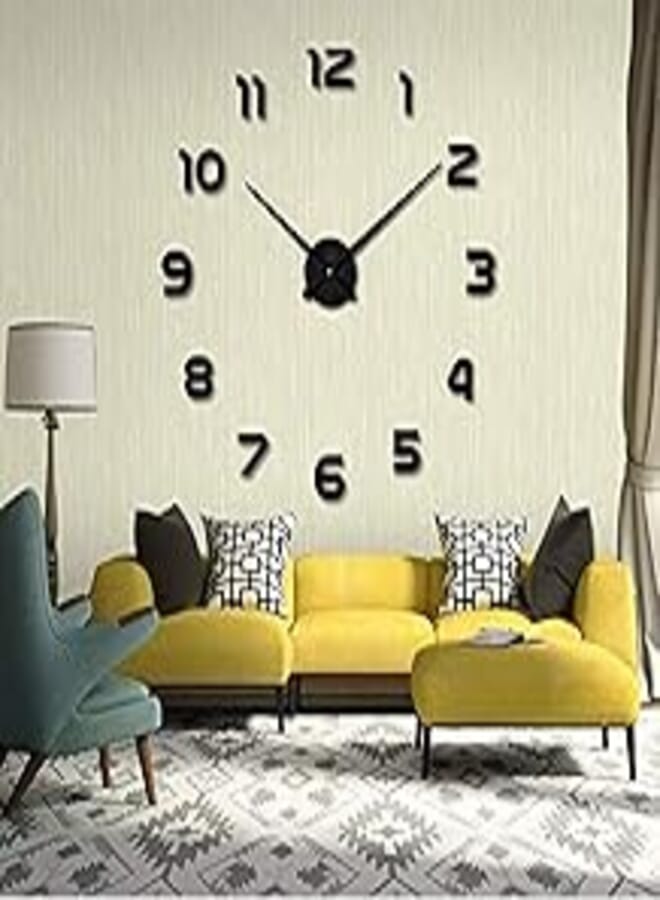 Frameless DIY Wall Clock 3D Mirror Wall Clock Large Mute Wall Stickers for Living Room Bedroom Home Decorations(Black 