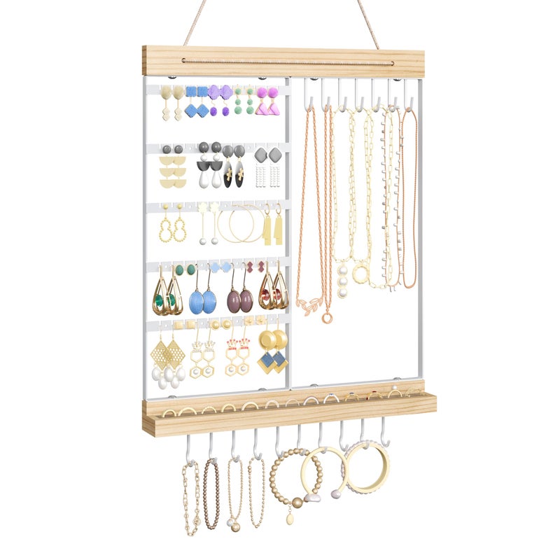 Feyejade Hanging Jewelry Organizer and Storage, 5-Tier White Earring Necklace Holder Jewelry Display Organizer Stand Rack, Wall Mounted for Earrings Necklaces Bracelets and Rings, White - Image 1