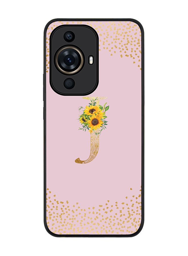 Stylizedd Rugged Black Edge case for Huawei nova 11 Pro,Slim fit Flexible Cover - Custom Monogram Initial Letter Floral Mandala Pattern Alphabet - J (Pink ) - Image 1