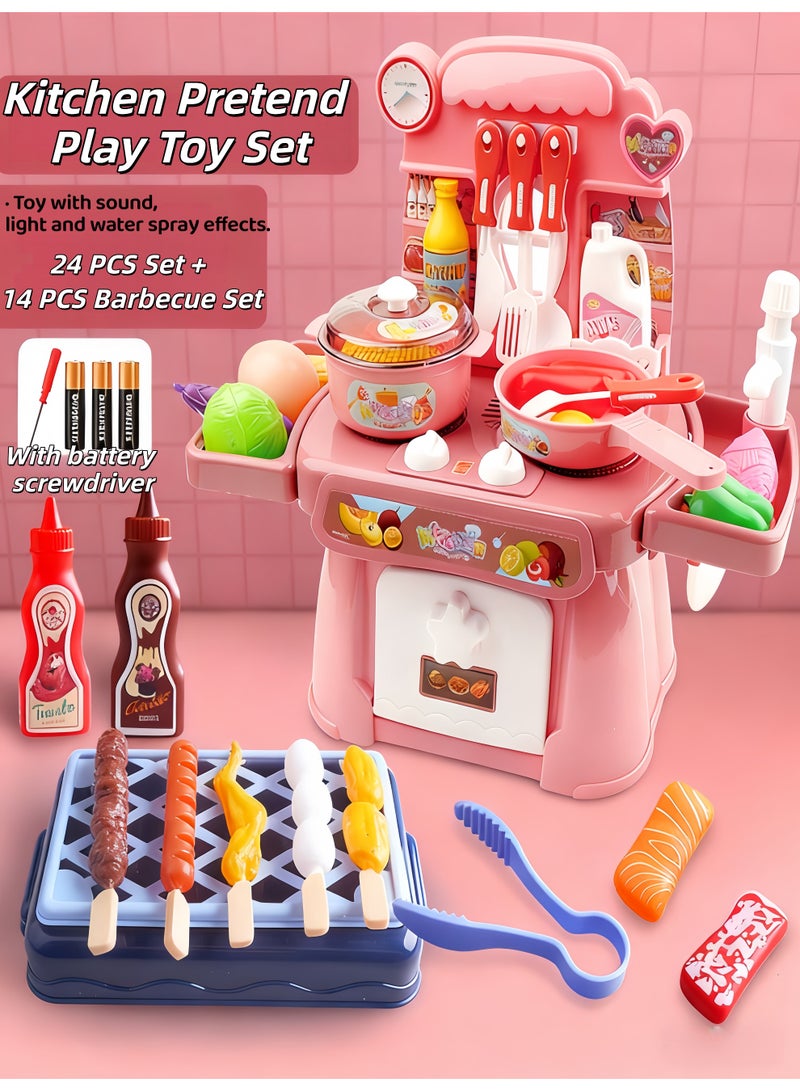 Kitchen Pretend Play Toy Set, Kitchen Playset For Kids, Children Role Play Cookware With Light, Spray And Play Sink, Kitchen Toy Games Kitchen Accessories Toys Sets Kids Real Cooking Set,for Toddlers,Role Playing Game Pretend Food and Cooking Playset,for Boys Girls Kids(Pink) - Image 1