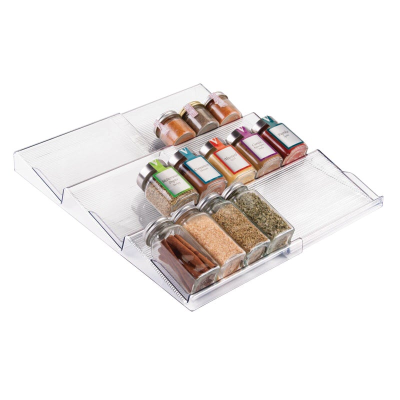 mDesign Expandable Plastic Deluxe Spice Rack, Drawer Organizer for Kitchen Cabinet Drawers, 3 Tier Slanted for Spice Jars, Food Seasoning Bottle Storage, Ligne Collection - Clear - Image 1