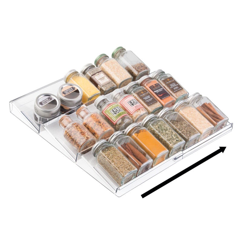 mDesign Expandable Plastic Deluxe Spice Rack, Drawer Organizer for Kitchen Cabinet Drawers, 3 Tier Slanted for Spice Jars, Food Seasoning Bottle Storage, Ligne Collection - Clear - Image 4