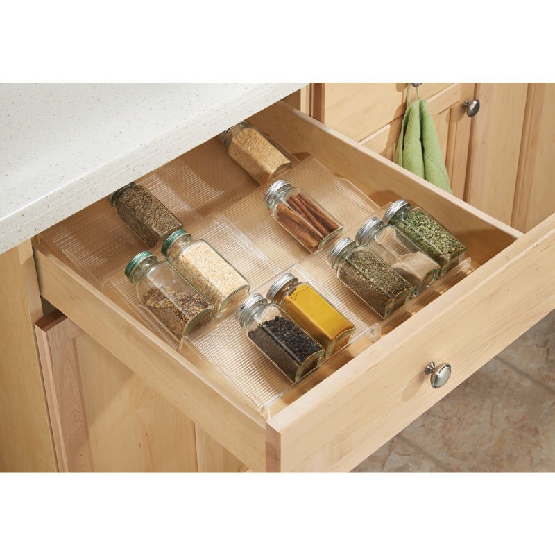 mDesign Expandable Plastic Deluxe Spice Rack, Drawer Organizer for Kitchen Cabinet Drawers, 3 Tier Slanted for Spice Jars, Food Seasoning Bottle Storage, Ligne Collection - Clear - Image 2
