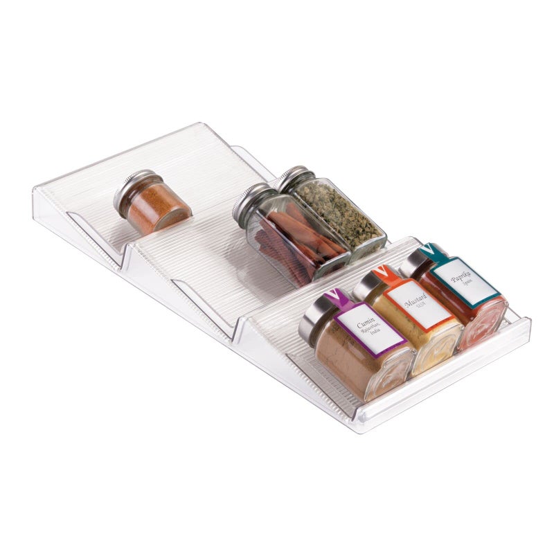 mDesign Expandable Plastic Deluxe Spice Rack, Drawer Organizer for Kitchen Cabinet Drawers, 3 Tier Slanted for Spice Jars, Food Seasoning Bottle Storage, Ligne Collection - Clear - Image 5