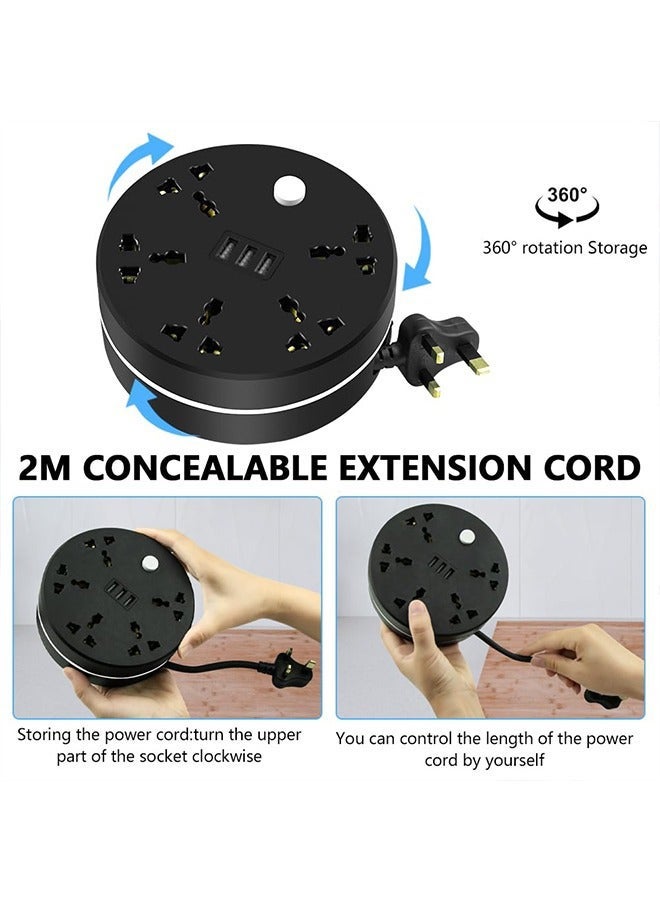 Power Strip, 5 Outlets and 3 USB Ports 2m Extension Cord, Round Socket Overload Surge Protector, 100% Copper Core, Mini Plug Charging Station, Compact for Office, Home, Travel (Black) - Image 2