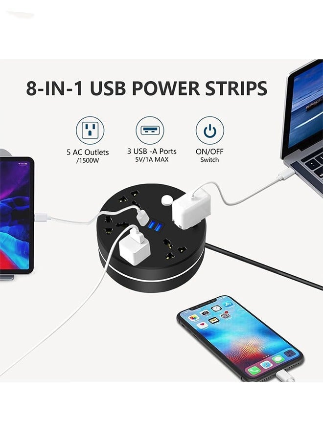 Power Strip, 5 Outlets and 3 USB Ports 2m Extension Cord, Round Socket Overload Surge Protector, 100% Copper Core, Mini Plug Charging Station, Compact for Office, Home, Travel (Black) - Image 3