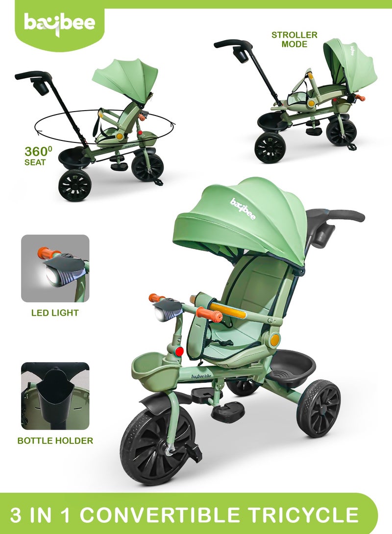BAYBEE Baybee Hike 3 in 1 Baby Tricycle for Kids, Baby Kids Cycle with Parental Push Handle, Rotatable Seat, Canopy, Light, Safety Bar & Belt | Kids Tricycle Cycle for Kids 1.5 to 5 Years Boy Girl Green  - Image 1