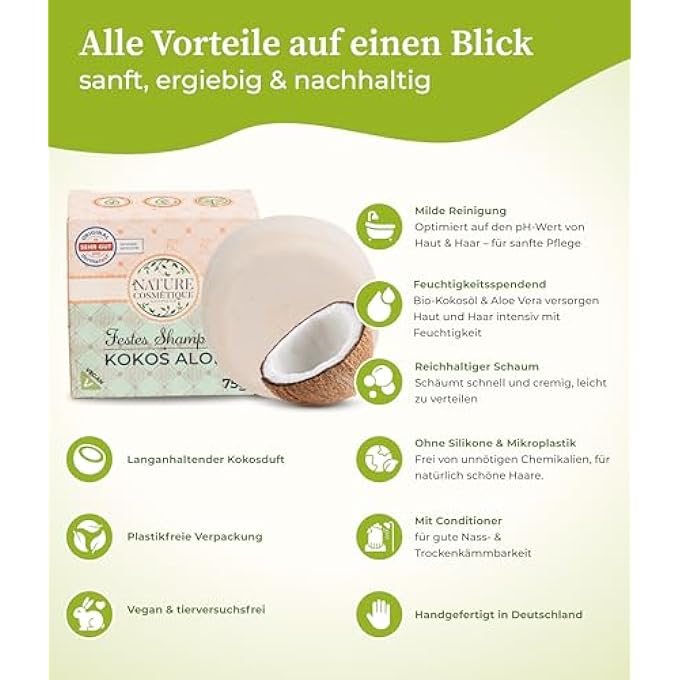 NATURE COSMTIQUE SOLID SHAMPOO COCONUT - SUSTAINABLE CARE FOR HAIR & SCALP - WITH ORGANIC COCONUT OIL, ALOE VERA & VEGETABLE GLYCERINE - VEGAN, PLASTIC-FREE & HANDMADE IN GERMANY - Image 3