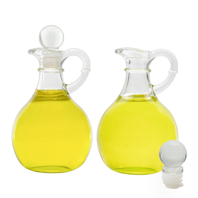 Cornucopia Brands Glass Oil and Vinegar Cruets (Set of 2); 8oz Round Oil Dispensers / Salad Dressing Bottles with Stoppers - Image 1