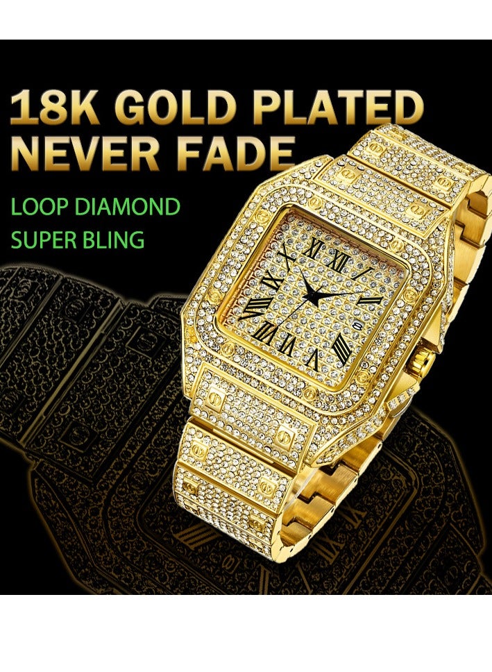 MISS FOX Golden Roman High-End Hip-Hop Star-Studded Diamond Square Men's Watch Fashion Quartz Wristwatch Hot Gift - Image 3