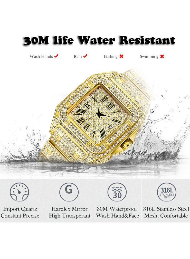 MISS FOX Golden Roman High-End Hip-Hop Star-Studded Diamond Square Men's Watch Fashion Quartz Wristwatch Hot Gift - Image 4