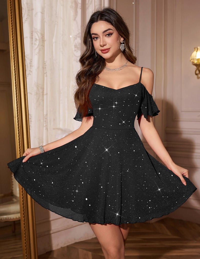 Meetjen Womens V Neck Short Prom Dress Elegant Off Shoulder Vintage Sparkly A Line Bridesmaid Graduation Short Homecoming Dresses Black L - Image 2