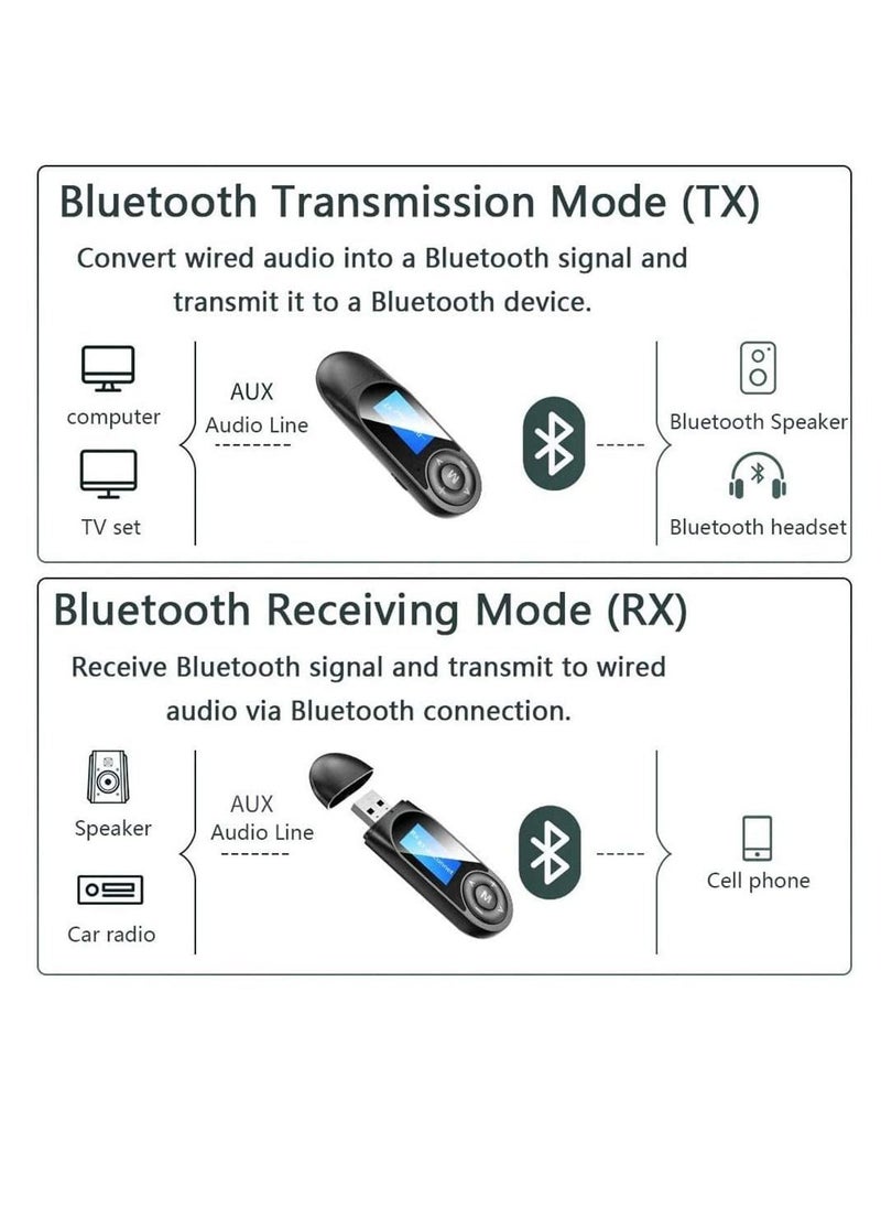 Visible Bluetooth Receiver Transmitter, USB 5.0 Adapter, Wireless Adapter with Display Screen Audio for PC, TV, Headphones, Speaker, Car, Home Stereo System