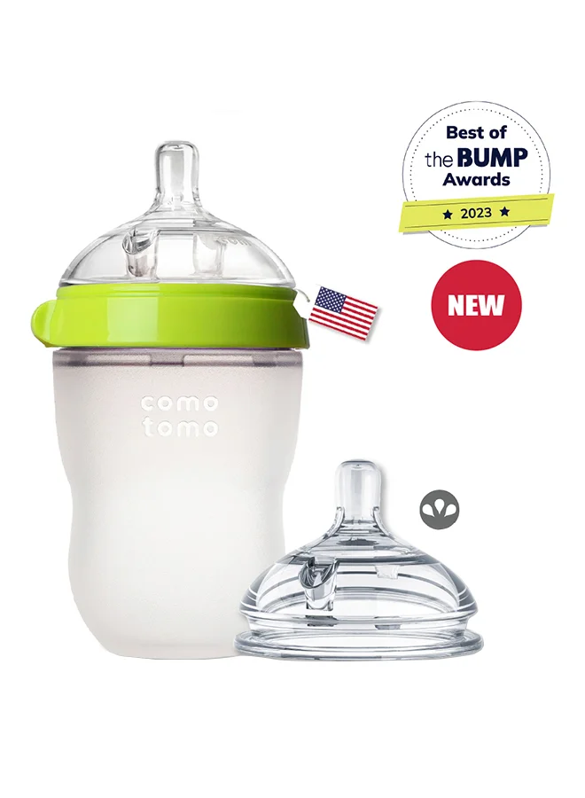 comotomo Natural Feel Baby Bottle 250 ML With Pack Of 2 Natural Teat Silicone Nipples, 3 Holes With Fast Flow, 6 Months +
