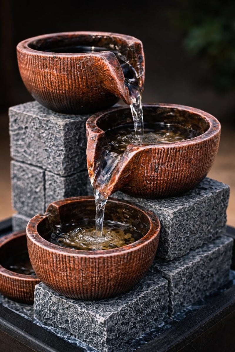 Chibro Polyresin Tabletop Indoor Water Fountain for Home, Living Room & Office Décor | Antique Leaf Design - Peaceful Water Flow Showpiece (3-Tier Bowl Waterfall) - Image 2