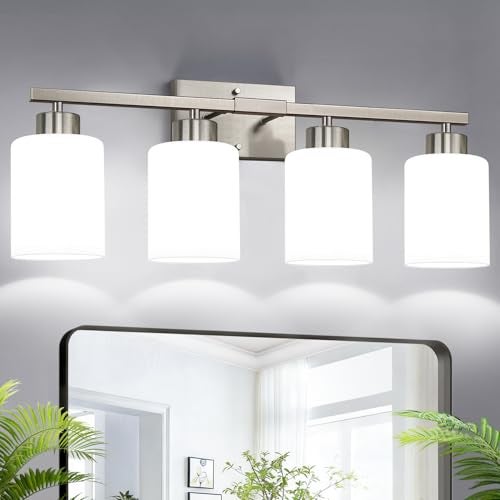 Meybiok Brushed Nickel Bathroom Light Fixtures with Milk Glass Shades, Eye-Friendly 3 Light Vanity Lights for Bathroom, Vanity Lights with E26 Socket (Bulbs Not Included), for Mirror, Bedroom, Hallway - Image 1