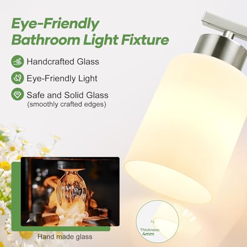 Meybiok Brushed Nickel Bathroom Light Fixtures with Milk Glass Shades, Eye-Friendly 3 Light Vanity Lights for Bathroom, Vanity Lights with E26 Socket (Bulbs Not Included), for Mirror, Bedroom, Hallway - Image 3