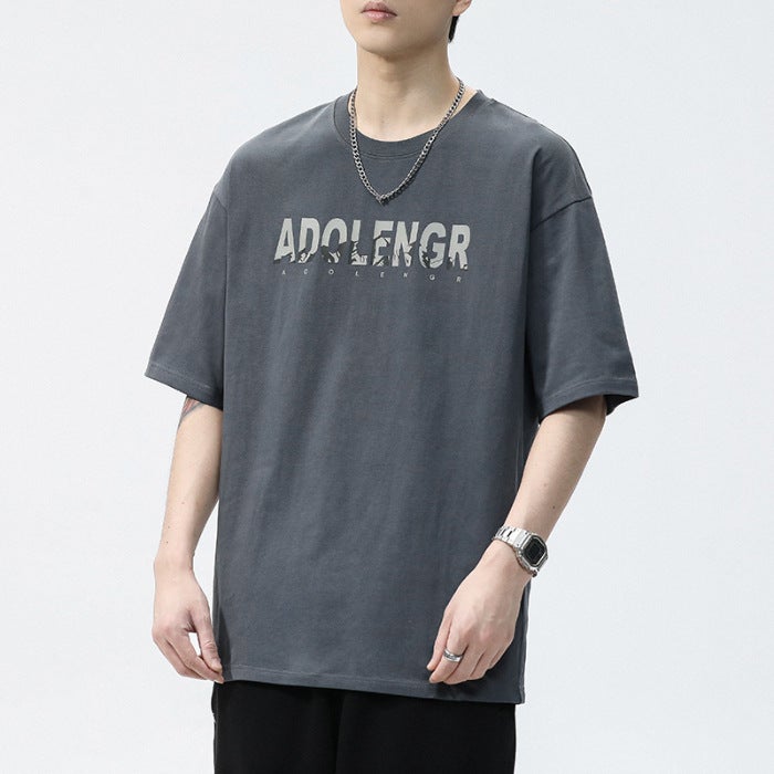 [810] Men'S Summer Japanese Loose Letter Printed T-Shirt Heavy 230G New Casual Short Sleeve Trend - Image 1