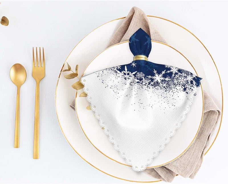 Yibeas Merry Christmas Snowflake Cloth Napkins Set of 4 Soft Winter Blue Frosty Snow Christmas Polyester Dinner Square Napkin for Family Restaurant Weddings Parties 18 x 18 inch - Image 4