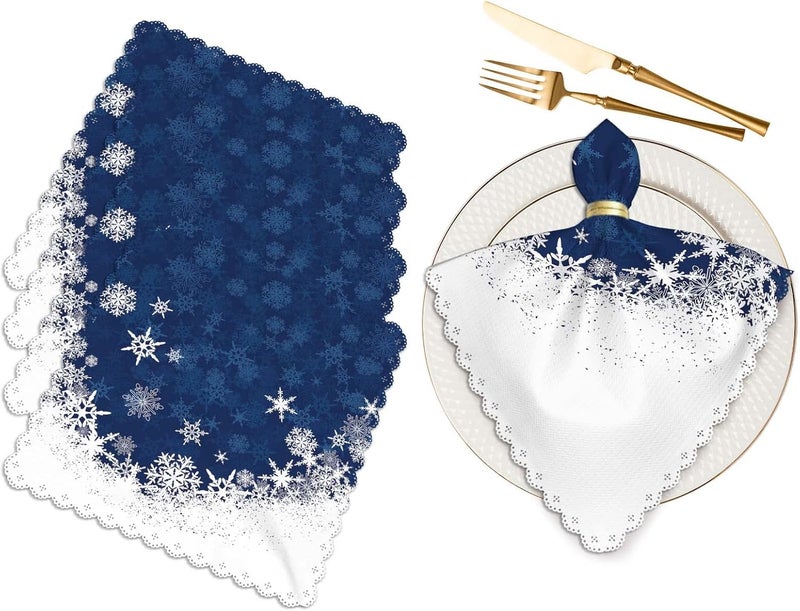 Yibeas Merry Christmas Snowflake Cloth Napkins Set of 4 Soft Winter Blue Frosty Snow Christmas Polyester Dinner Square Napkin for Family Restaurant Weddings Parties 18 x 18 inch - Image 1