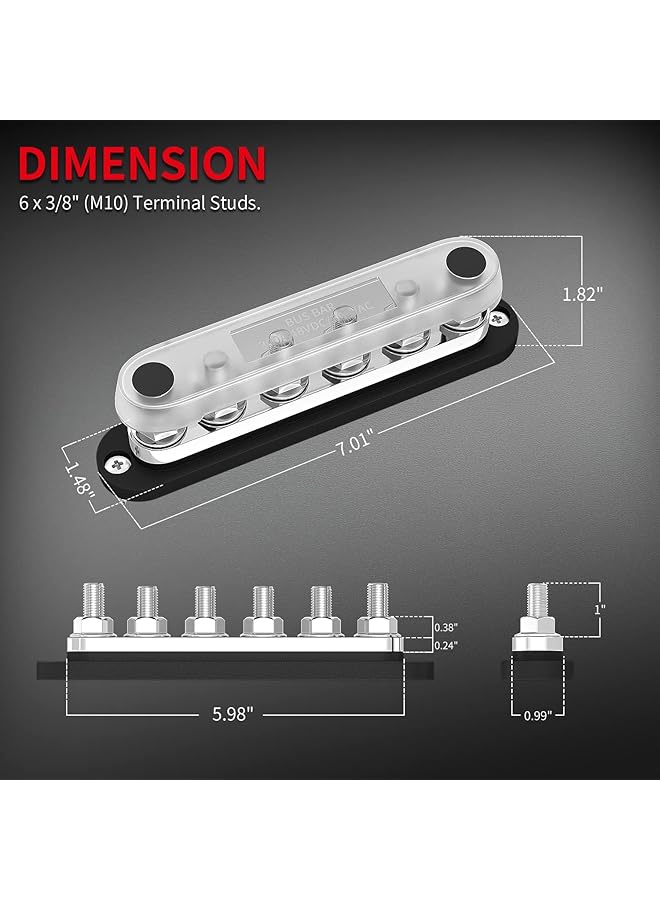 NALACAL 300A Bus Bar 12V Power Distribution Block With Cover, 6 X 3/8" (M10) Terminal Studs, Max 300V Ac, 48V Dc, Positive & Ground Busbar For Automotive, Car, And Boat - Image 2