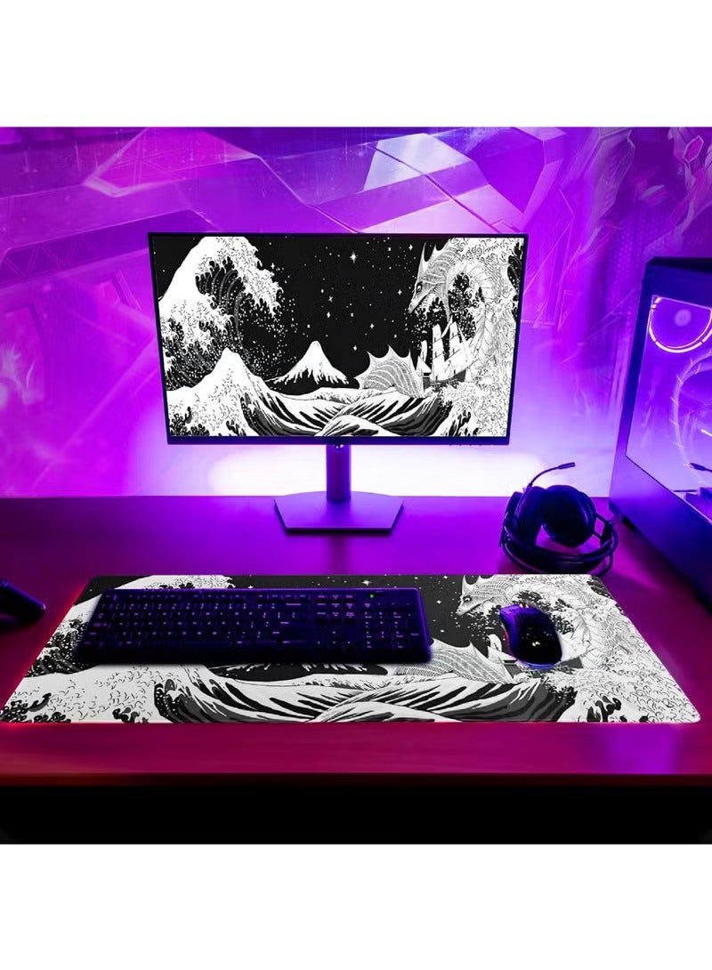 Extra Large Mouse Pad 80 cm x 30 cm, Non-Slip Rubber Base, Waterproof  Durable, Unique Waves and Dragon Pattern, Suitable for Office  Gaming Desktops, Compatible with All Devices - Image 3