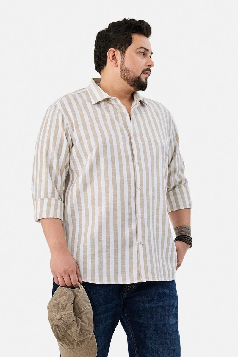 سنيتش Beige Striped Long Sleeve Regular Fit Plus Size Shirt