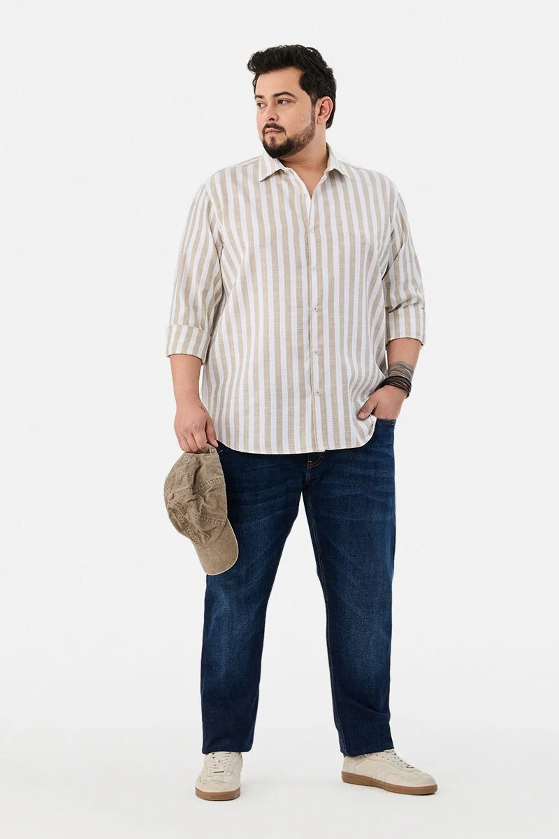 سنيتش Beige Striped Long Sleeve Regular Fit Plus Size Shirt