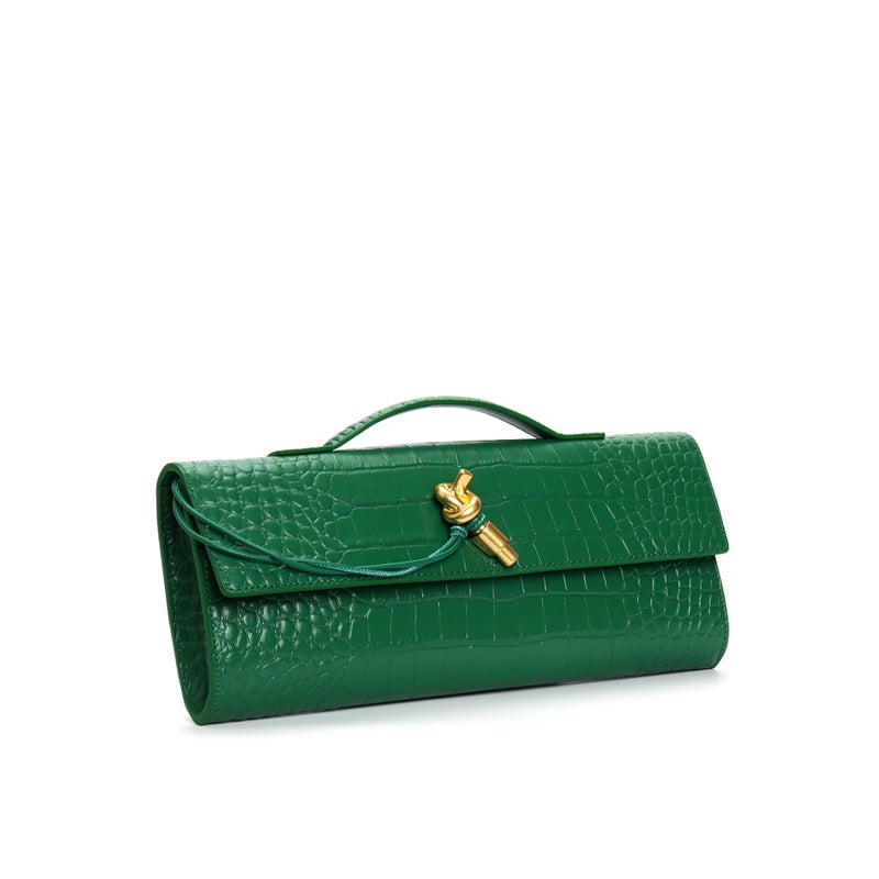 Clch Hand-Woven Cowhide Evening Bag Baguette Bag Lock Horizontal Style Satchel Shoulder Crossbody Bag For Women - Image 1