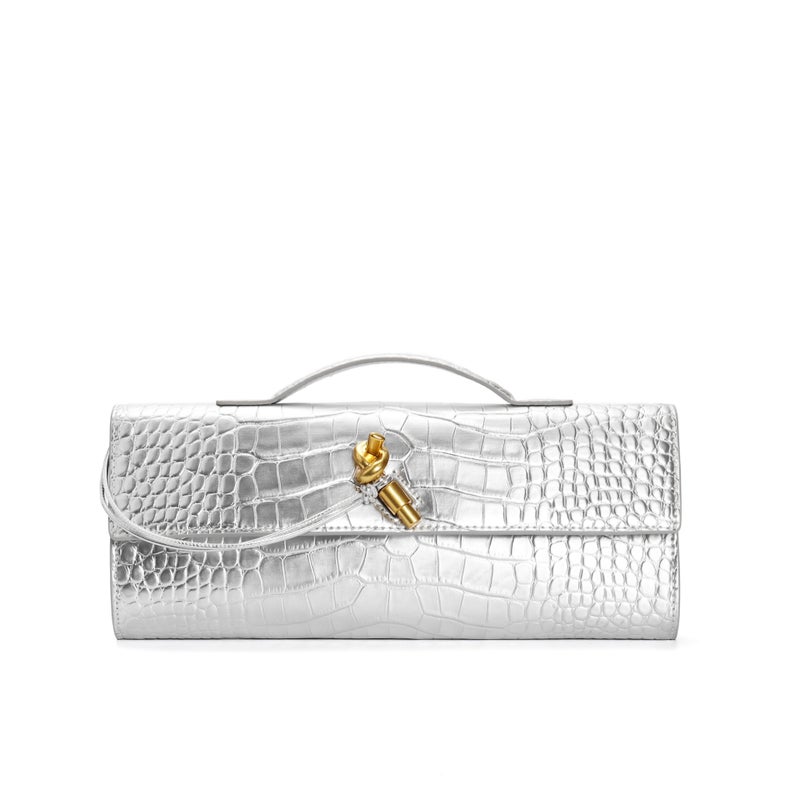 Clch Hand-Woven Cowhide Evening Bag Baguette Bag Lock Horizontal Style Satchel Shoulder Crossbody Bag For Women - Image 5
