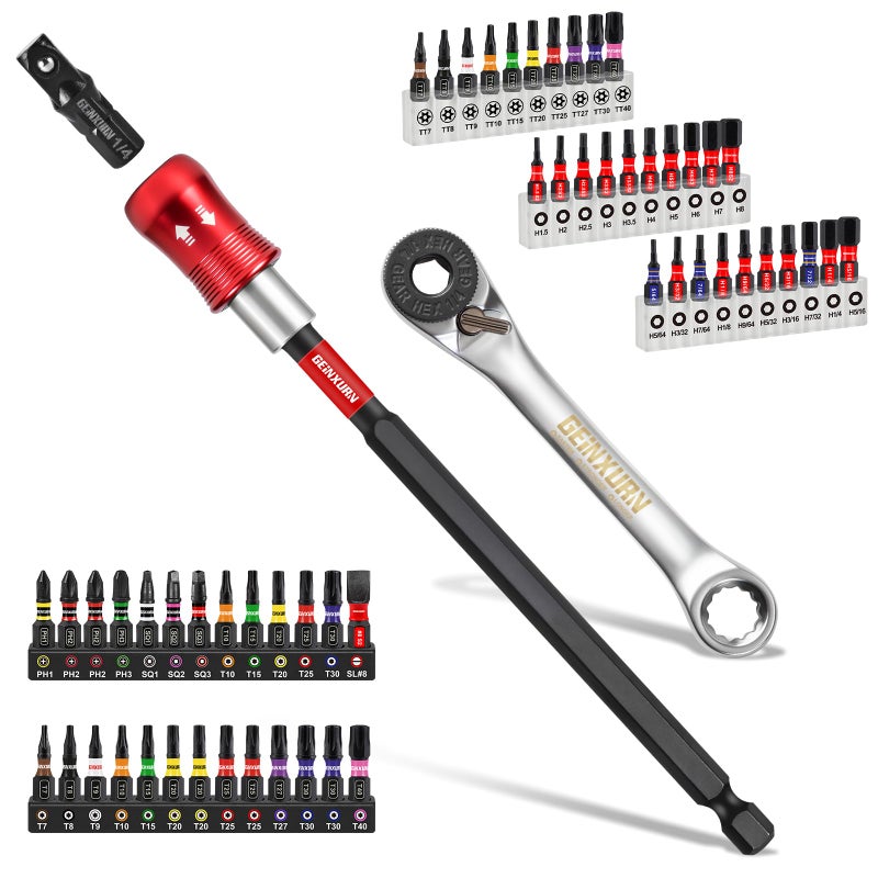 Geinxurn 59Pcs 2in1 Dual End THandle Ratchet Wrench Set 72Tooth 14 Reversible Ratchet with Bit Holder Socket Adapter and 1 Impact Screwdriver Bits PhillipsTorxHex in Coded Base for Repair - Image 2