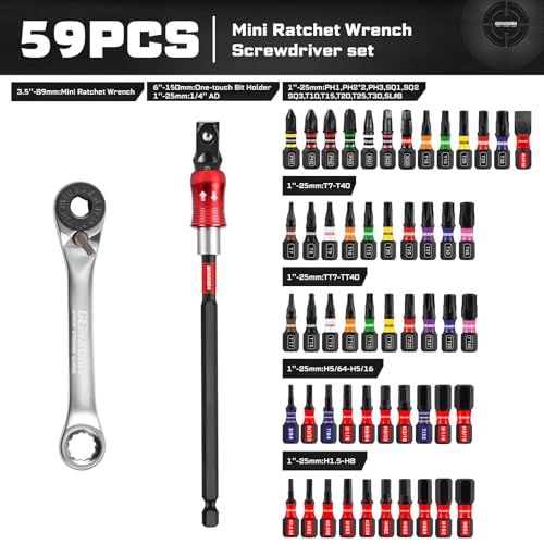 Geinxurn 59Pcs 2in1 Dual End THandle Ratchet Wrench Set 72Tooth 14 Reversible Ratchet with Bit Holder Socket Adapter and 1 Impact Screwdriver Bits PhillipsTorxHex in Coded Base for Repair - Image 3