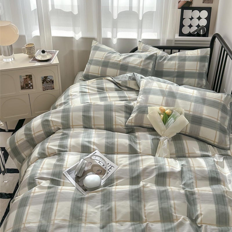 LifeTB Green Plaid Duvet Cover Queen Soft Cotton Grid Plaid Bedding Set 3 Pieces Checkered Gingham Comforter Cover for Men Boys Modern Bedding Set Simple Plaid Comforter Cover with Zipper Closure 4 Ties - Image 2