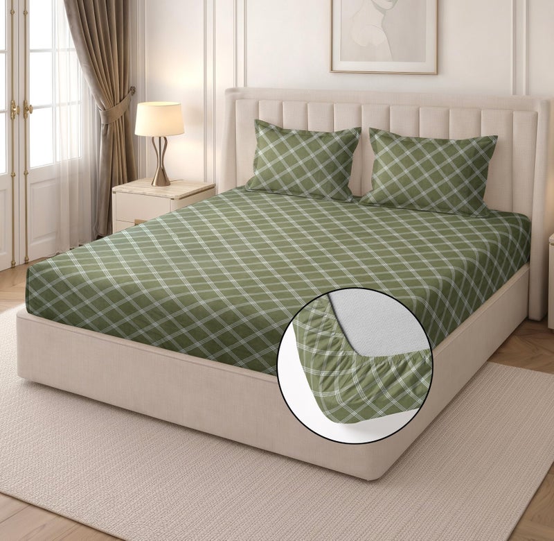 RD TREND® 360° Fitted Bedsheets King Size 72x78x8 Inch, Elastic Bedsheets for King Size Bed with 2 Pillow Covers-18x28 Inch (Lines-Green) - Image 1