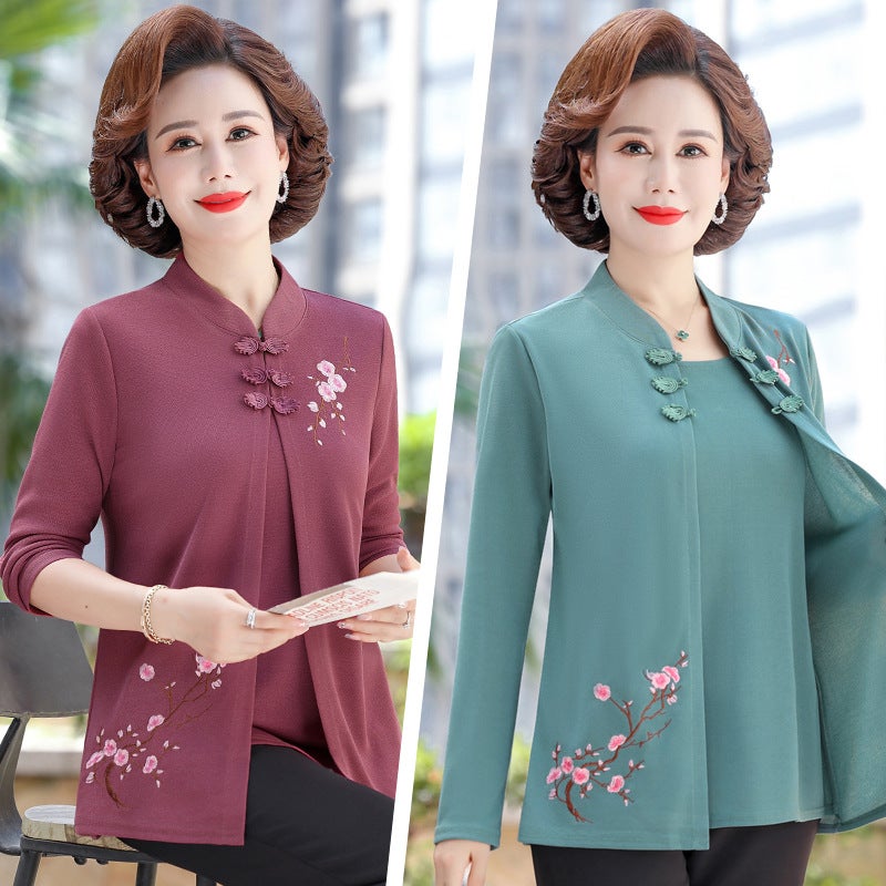 Middle-aged and elderly 2023 new autumn loose T-shirt fake two-piece casual comfortable all-match Grandma old shirt Women - Image 2