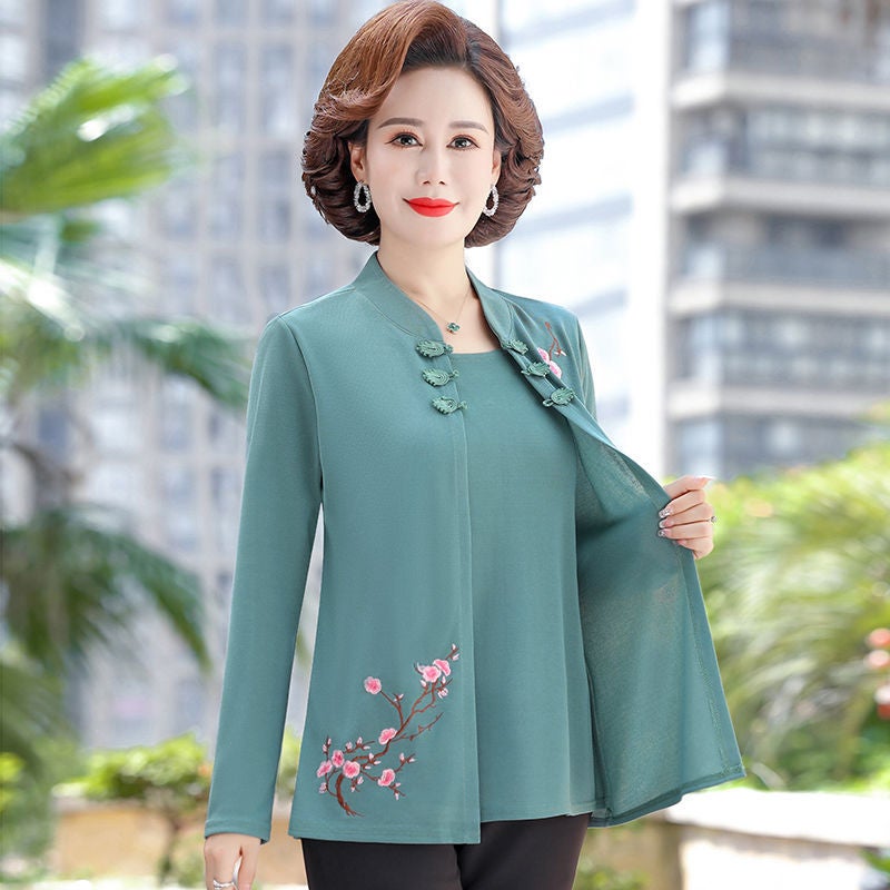 Middle-aged and elderly 2023 new autumn loose T-shirt fake two-piece casual comfortable all-match Grandma old shirt Women - Image 5
