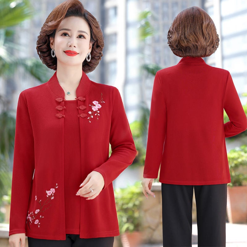 Middle-aged and elderly 2023 new autumn loose T-shirt fake two-piece casual comfortable all-match Grandma old shirt Women - Image 4
