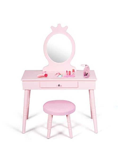 Outdoor Basic HOMGX Chair Princess Dressing Table with Cushioned Stool Large Drawer and Crown Mirror Sturdy Pine Leg Pretend Beauty Makeup Play Set for Children Pink 