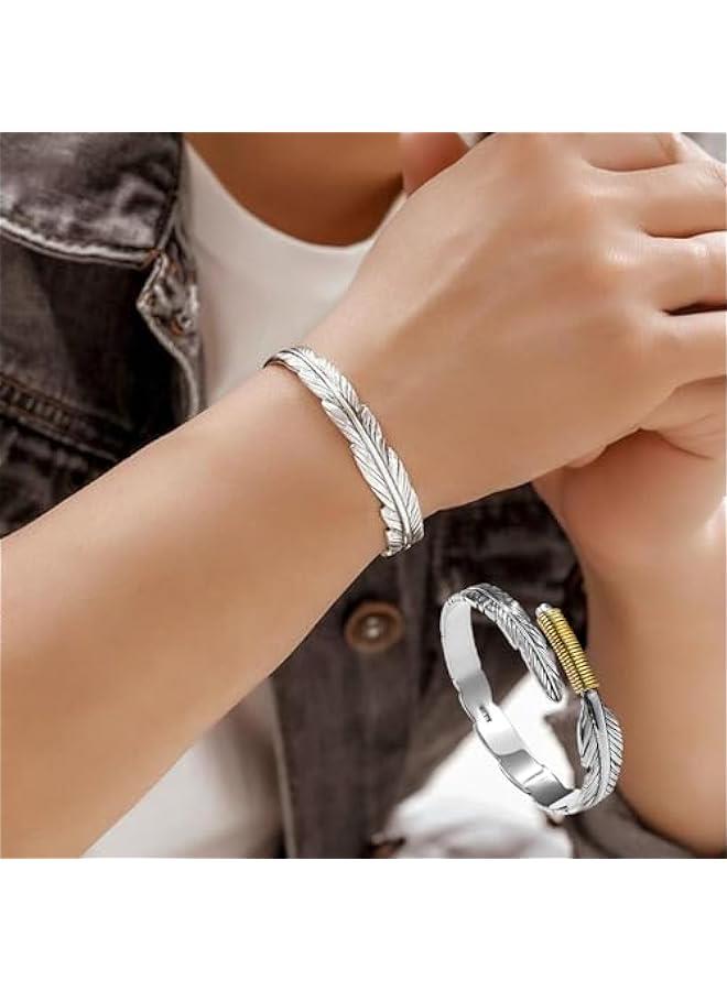 Man Bangle, Adjustable Opening Designed Bracelet Silver Color Irregular Feather Bangle Men Retro Style Alloy Jewelry Gift  - Image 2