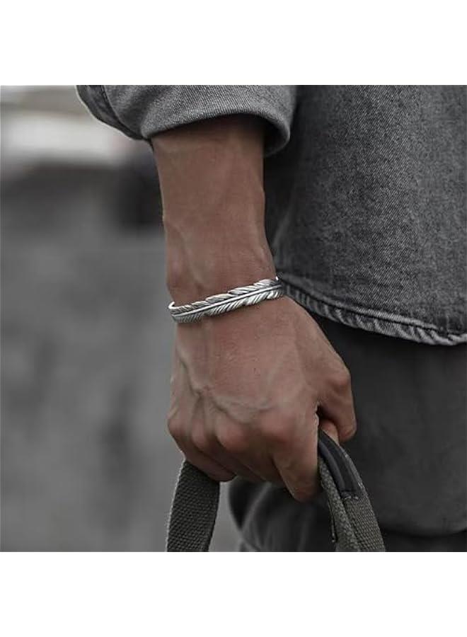 Man Bangle, Adjustable Opening Designed Bracelet Silver Color Irregular Feather Bangle Men Retro Style Alloy Jewelry Gift  - Image 4