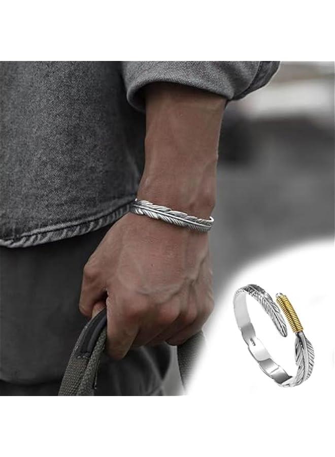 Man Bangle, Adjustable Opening Designed Bracelet Silver Color Irregular Feather Bangle Men Retro Style Alloy Jewelry Gift  - Image 5