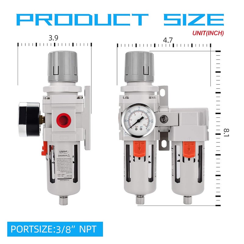 NANPU 3/8" NPT Air Dryer System - 5 Micron Particulate Filter, 0.5 Micron Coalescing Filter & Air Pressure Regulator, Water Trap Separator - Semi-Auto Drain,0-150 psi Gauge, Poly Bowl, Metal Bracket - Image 4